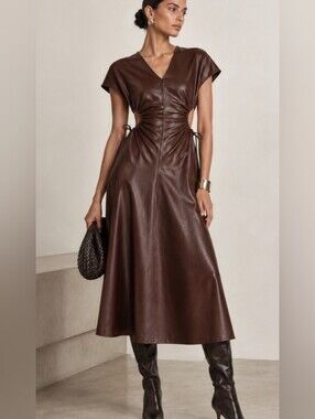 7 For All Mankind Brown Faux Leather Cutout Midi Dress Vegan Leather Size XS